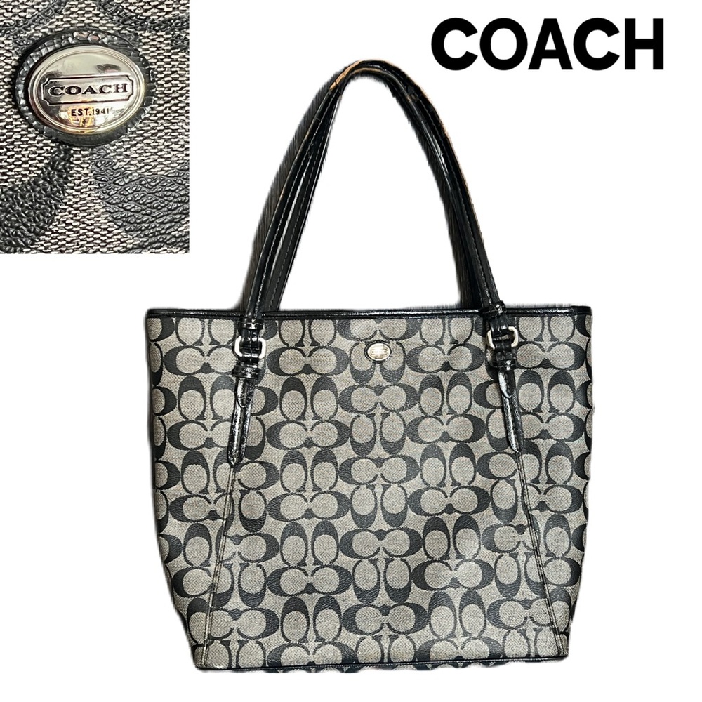 Coach Peyton Signature Zip Top Tote in black/grey canvas & patent leather trim.
